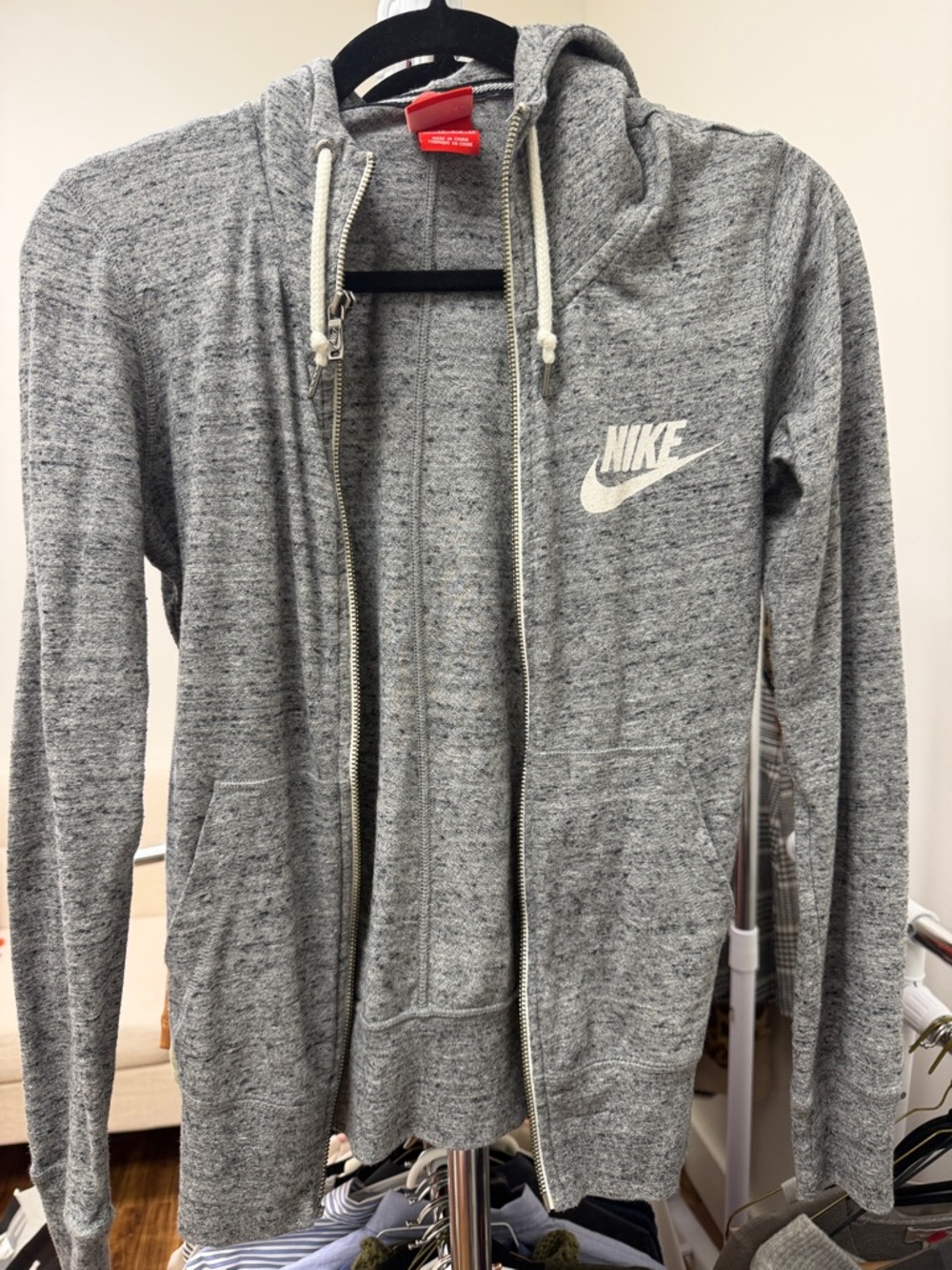 Nike Gray and White Marled Hoodie with Red Tag